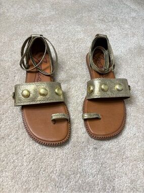 “ZODIAC” Metallic Gold Ankle Wrap Sandals with Stud Detail - Women
